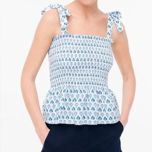 J. Crew Factory Smocked Tie-Shoulder Tank Top White Blue Size XS EUC - Picture 1 of 9